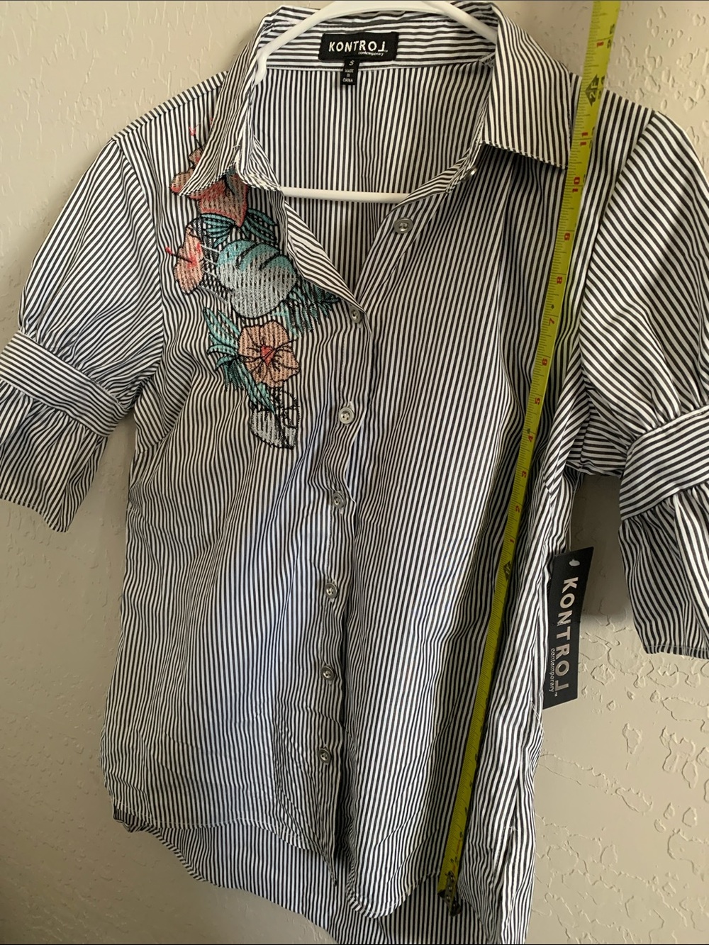 Kontrol Grey & White Striped Button Down Shirt with Floral Embroidery - Picture 11 of 11